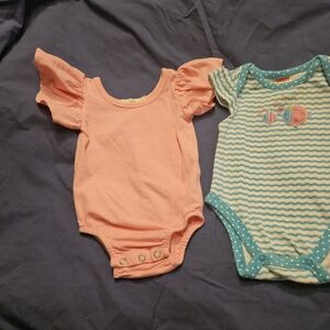 Pink Flutter Sleeve and Turquoise Striped "Fish" Baby Onesies, 0-3mo